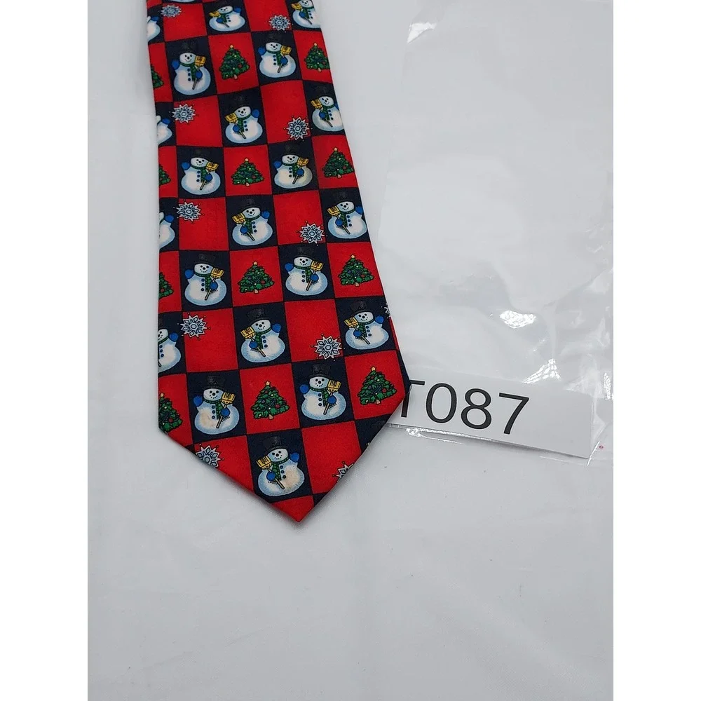 Hallmark Yule Tie Greetings Mens Christmas Snowman Tree Red Navy Blue Silk Tie